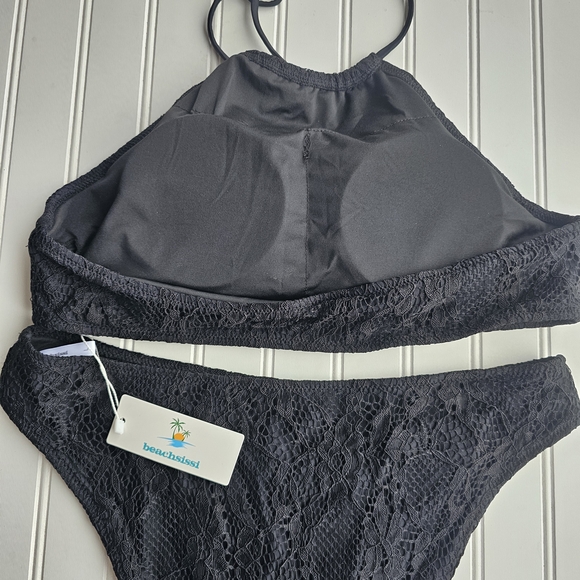 NEW Beachsissi Black Lace Halter Bikini Set Womens Large - Picture 4 of 5
